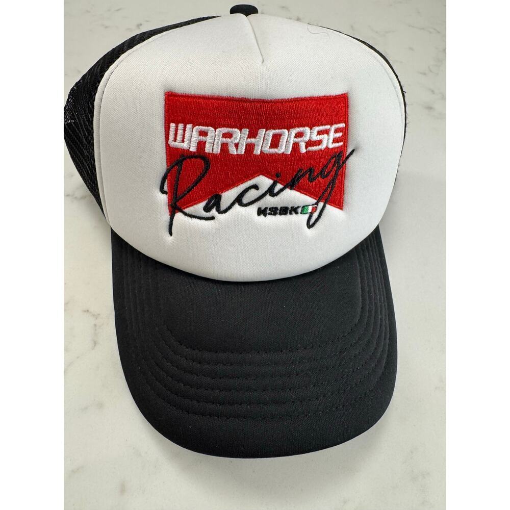 Warhorse HSBK Racing Trucker Hat Mens White Snapback Cap Mesh Back Embroidered